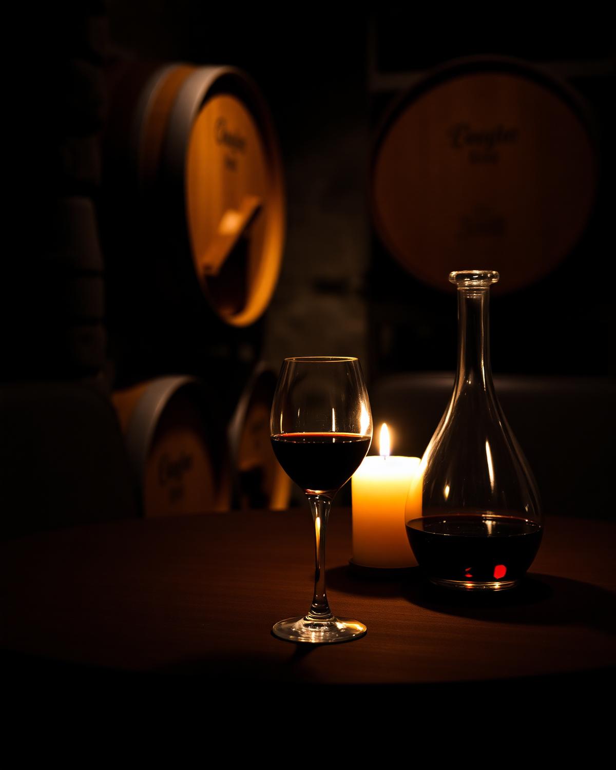 Private wine cellar table by candlelight with a decanter and glasses