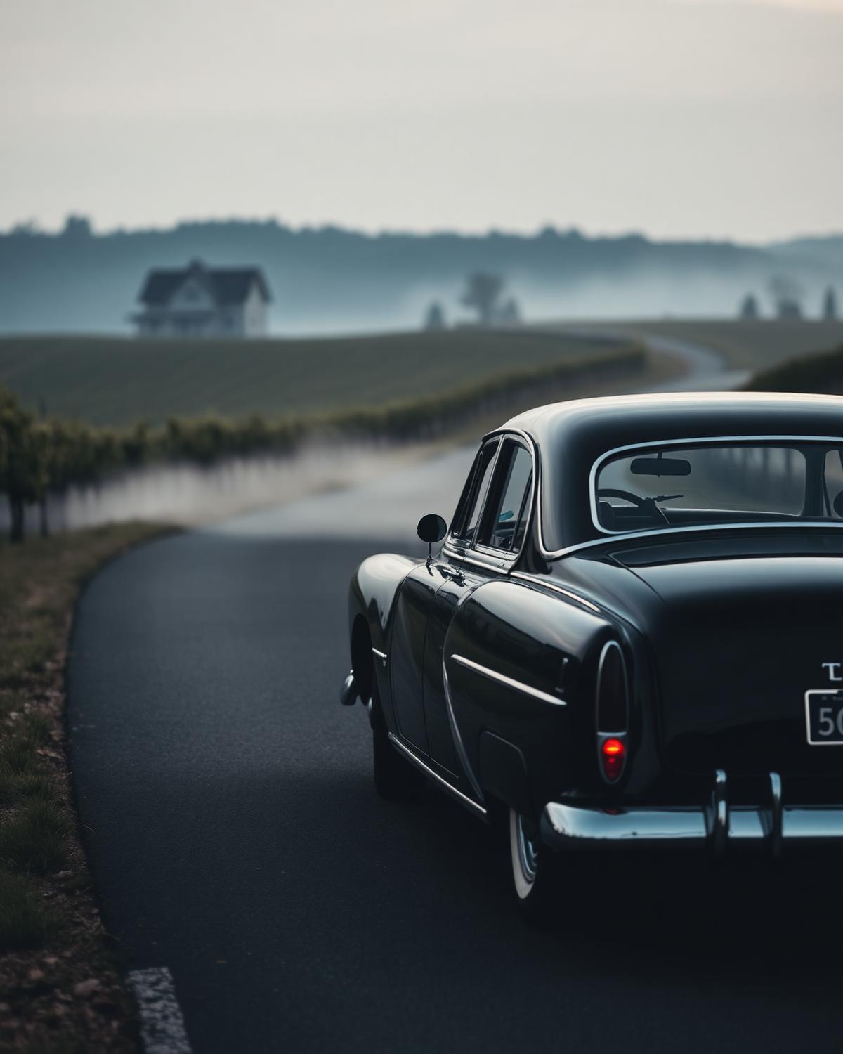 A chauffeured car on a quiet wine country road at dusk