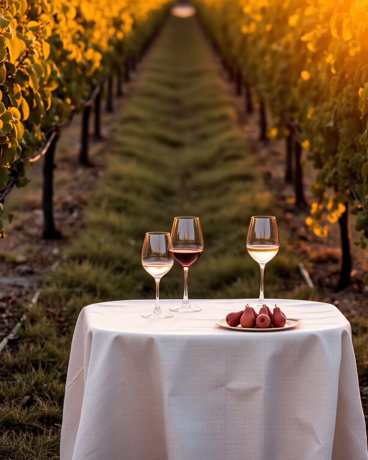 A linen-draped tasting table set among vines in warm evening light
