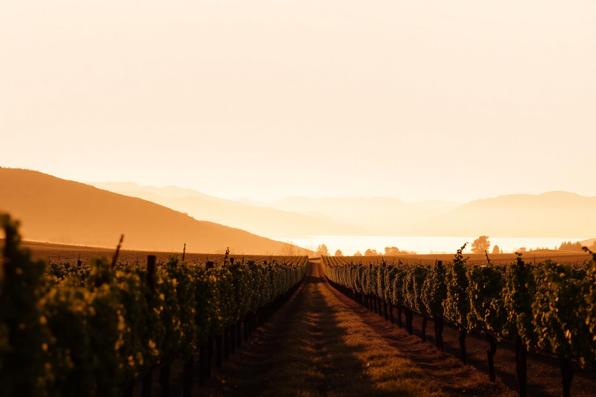 Vineyard at golden hour with a lake and mountains in the distance