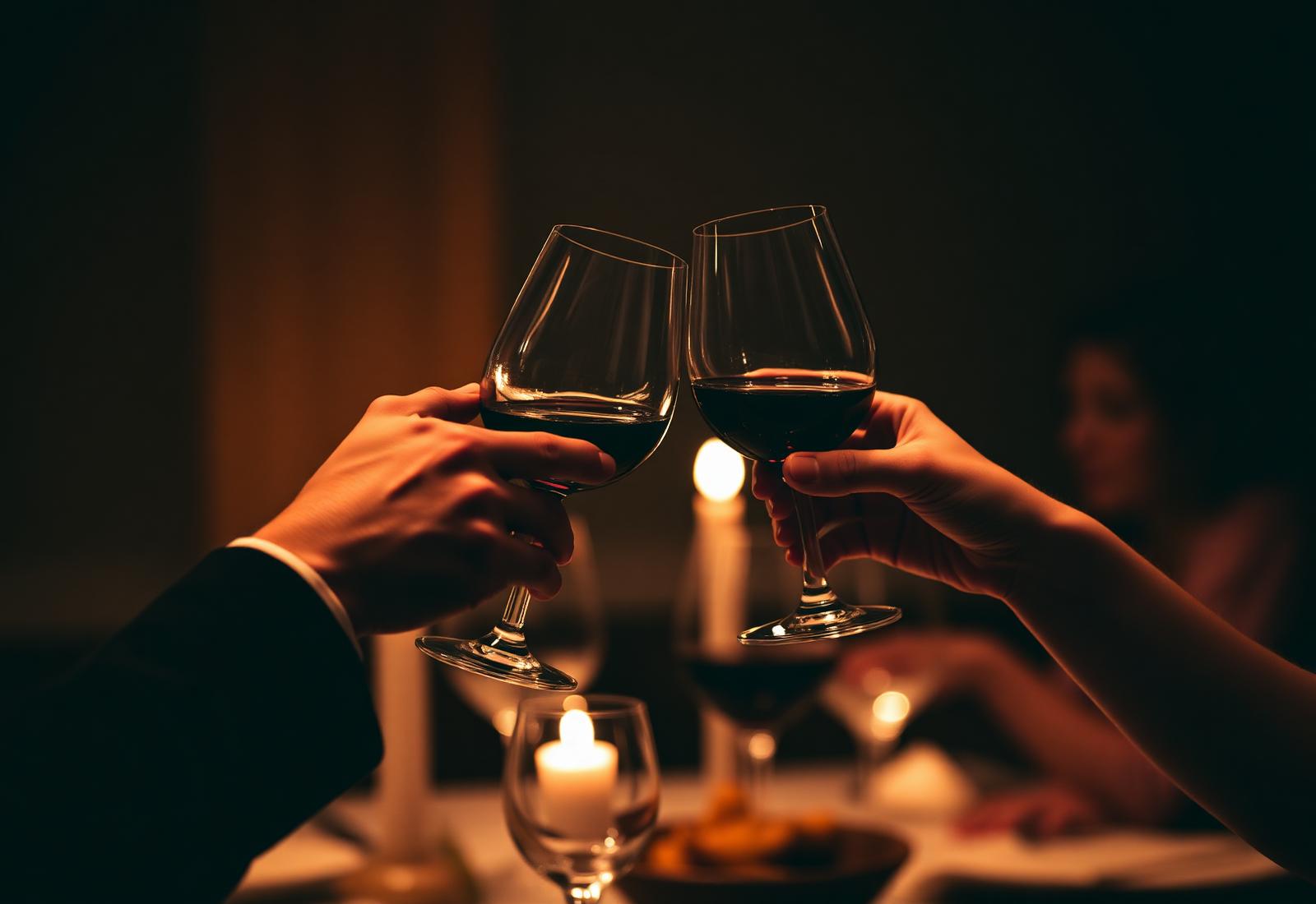 A couple raising glasses of red wine by candlelight